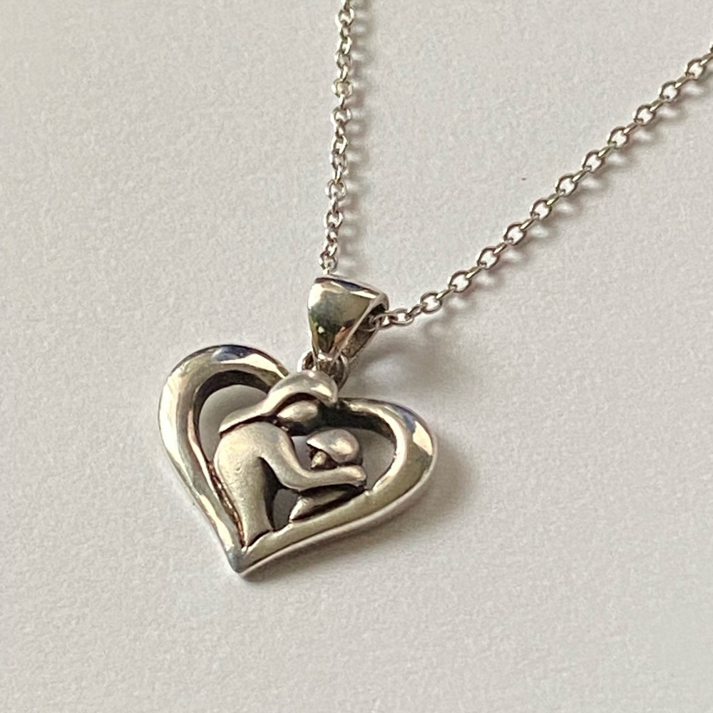 Mother & Child Sterling Silver Heart Pendant Necklace